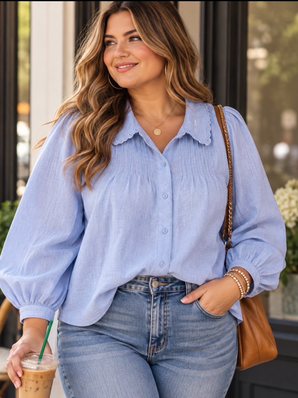 LC Lauren Conrad Light Blue Button-Up Pintuck Peter Pan Collar Shirt. Size XXL